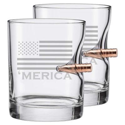 sSet of 2 'Merica Drinking Glasses with lead-free 0.308 caliber bullet embedded in glass Made in USA