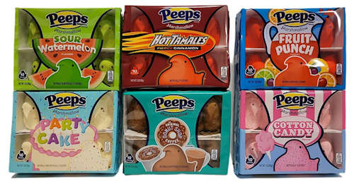 Easter Marshmallow Peeps Assorted Flavors. Hot Tamale, Cotton Candy, Party Cake, Sour Watermelon, Fruit Punch,& Donut Shop Coffee