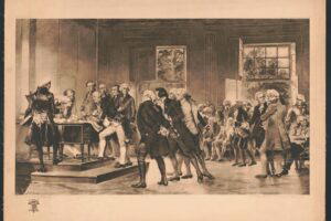 Black-and-white image of the signers of the Declaration of Independence from the Library of Congress, symbolizing US manufacturing and self-reliance.