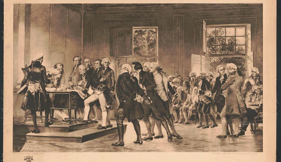 Black-and-white image of the signers of the Declaration of Independence from the Library of Congress, symbolizing US manufacturing and self-reliance.