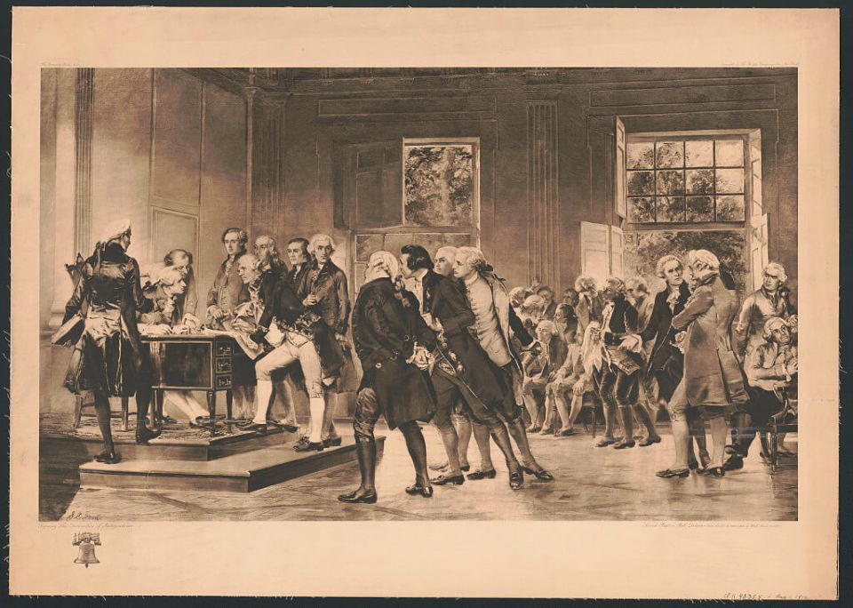 Black-and-white image of the signers of the Declaration of Independence from the Library of Congress, symbolizing US manufacturing and self-reliance.